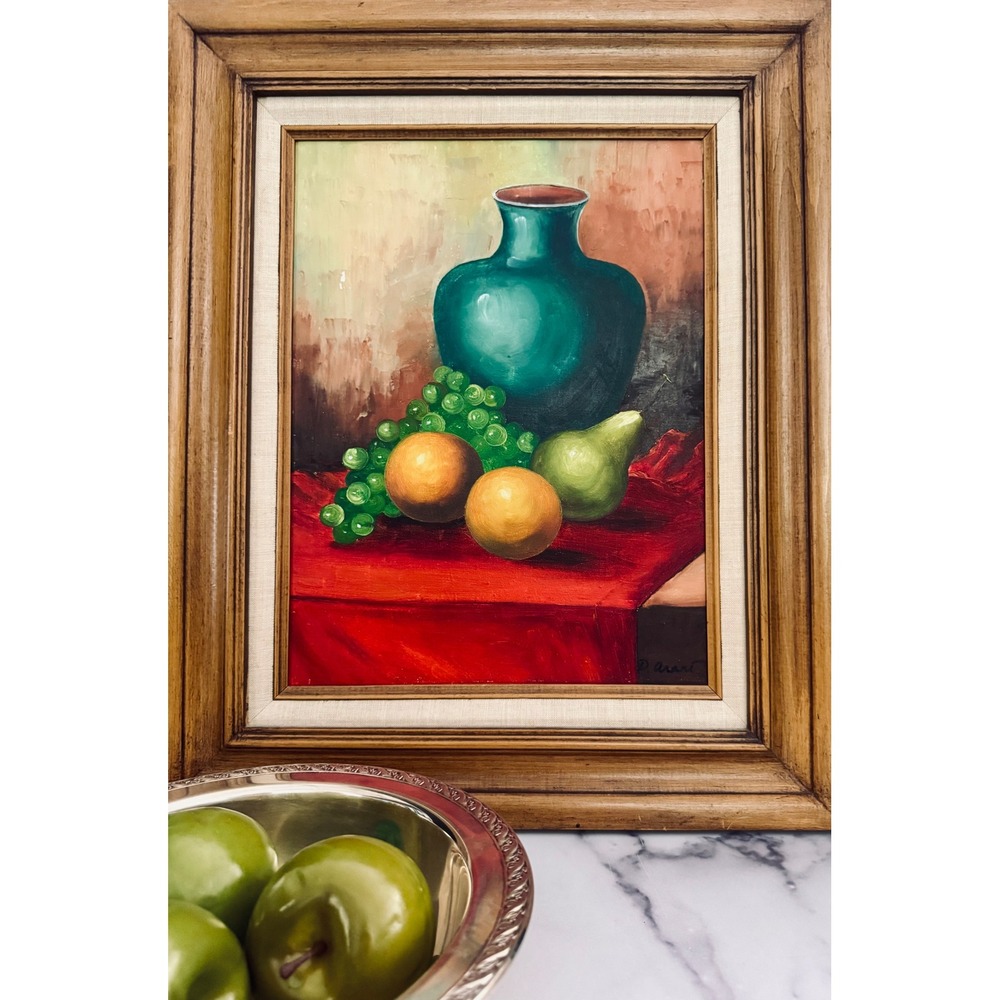 Vintage Original Oil Painting Signed D Arant Teal Vase Fruit Framed 16x23